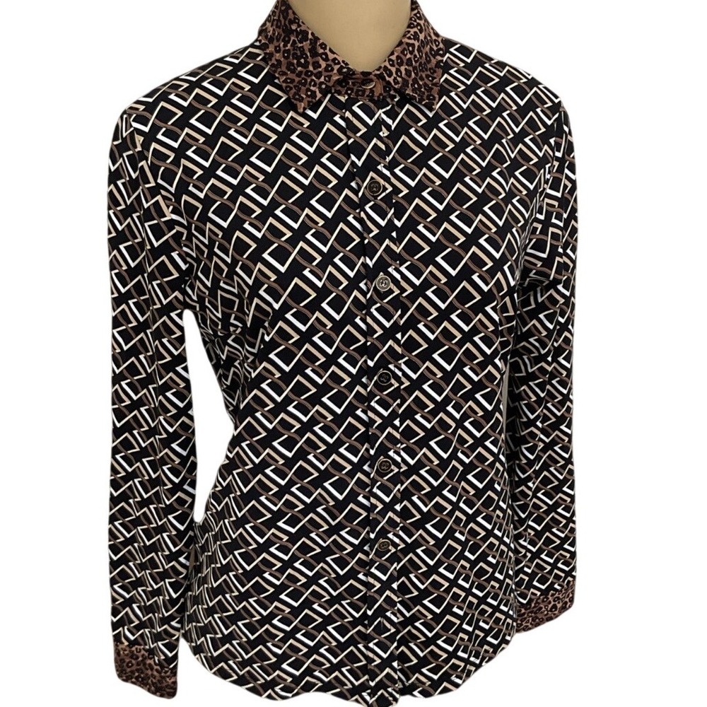 J McLaughlin Button Up Blouse Womens‎ S Leopard Collar Chain Link Print Stretch